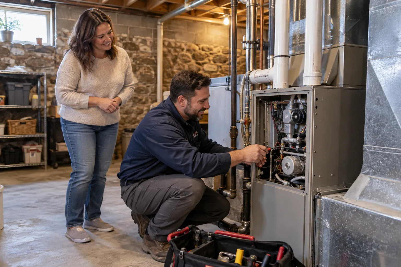 A provider checking a furnace in an older basement in the Lake Grove area